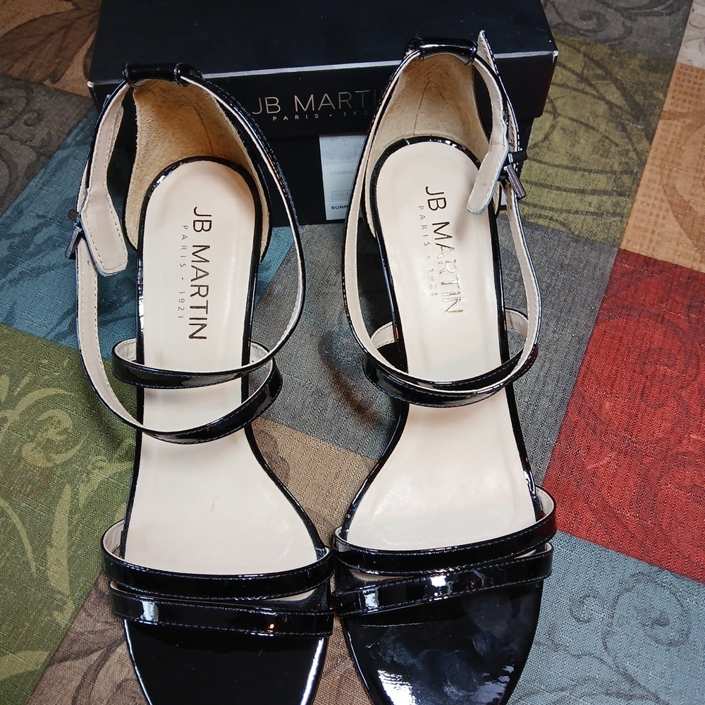 JB Martin Kitten Sandal Heels 37 1/2 US 7 black patent leather PARIS